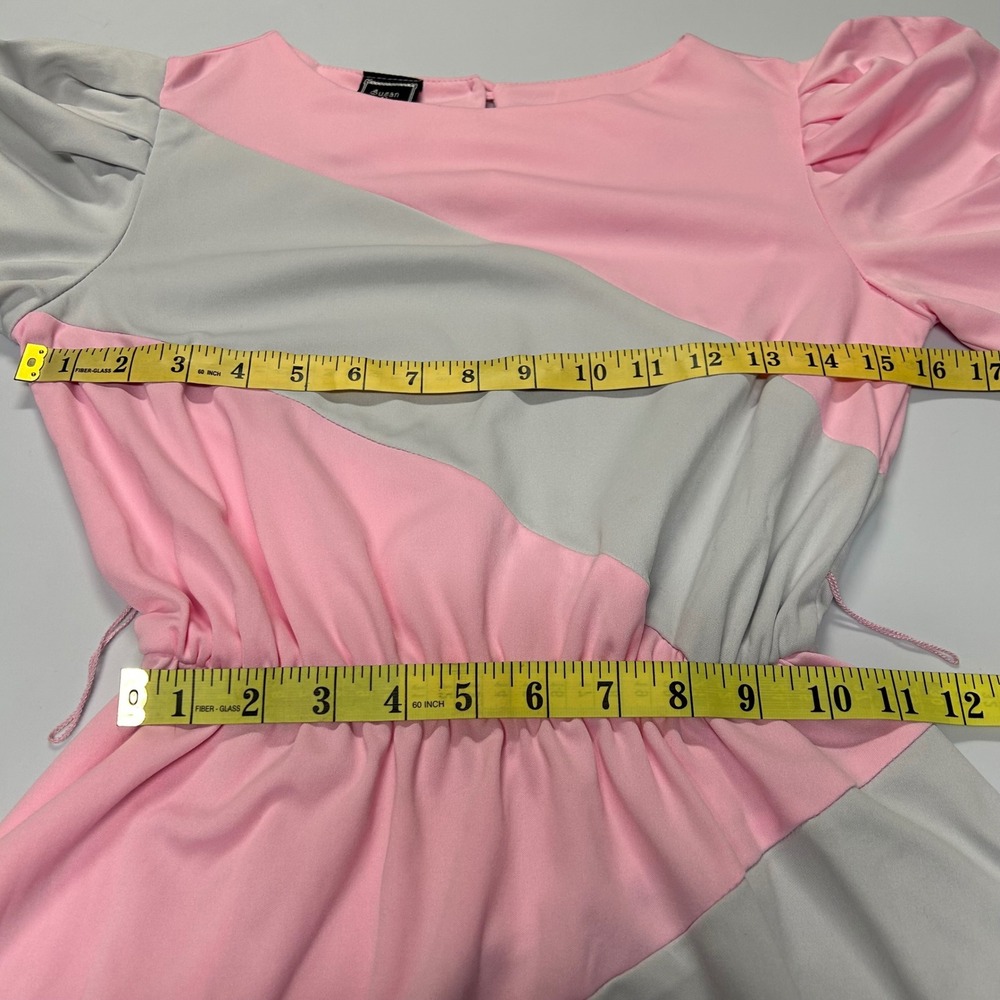 Vintage Susan Leonard 80s Midi Dress Diagonal Colorblock Puff Sleeve 9 (L) USA - Picture 7 of 10